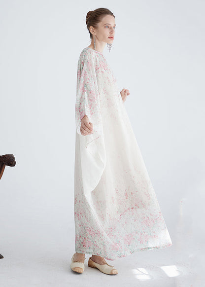 White O Neck Print Cotton Robe Dresses Summer
