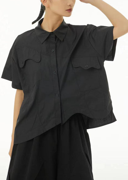 Black Asymmetrical Design Oversized Cotton Shirt Tops Summer