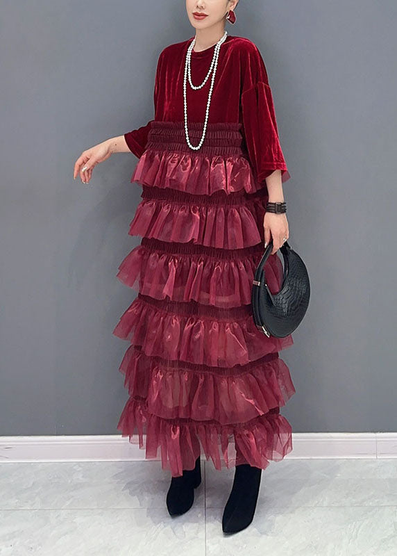 Organic Red O-neck Tulle Patchwork Silk Velour Maxi Dress Bracelet Sleeve