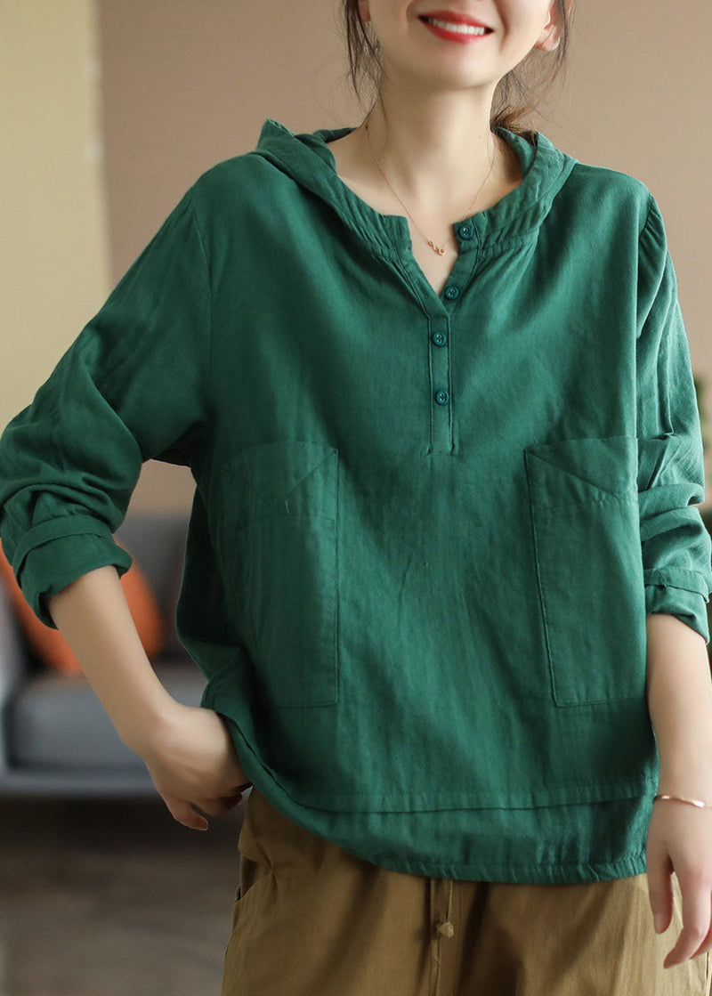 Diy Green Hooded Patchwork Oversized Cotton Shirt Top Spring