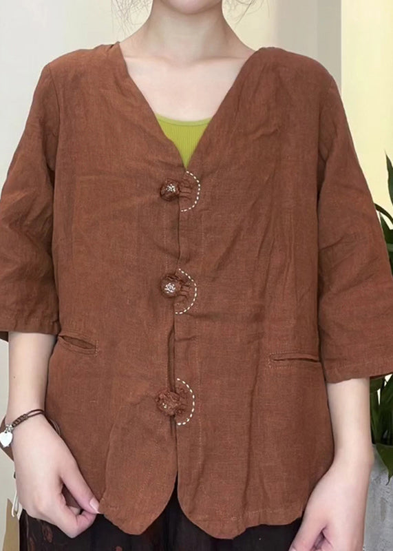 Original Design Blackish Green V Neck Button Linen Shirt Top Half Sleeve