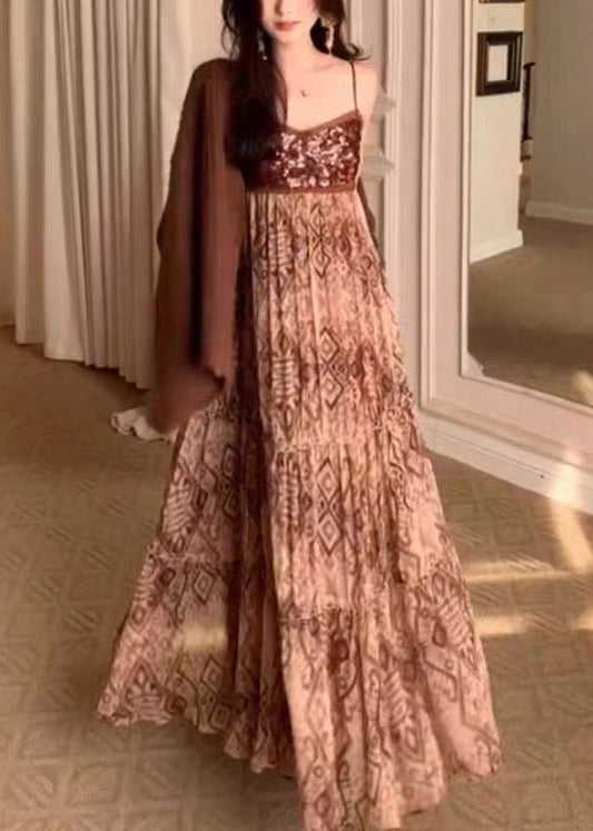 Brown V Neck Knit Cardigans and Long Spaghetti Strap Dress Two Piece Set Spring