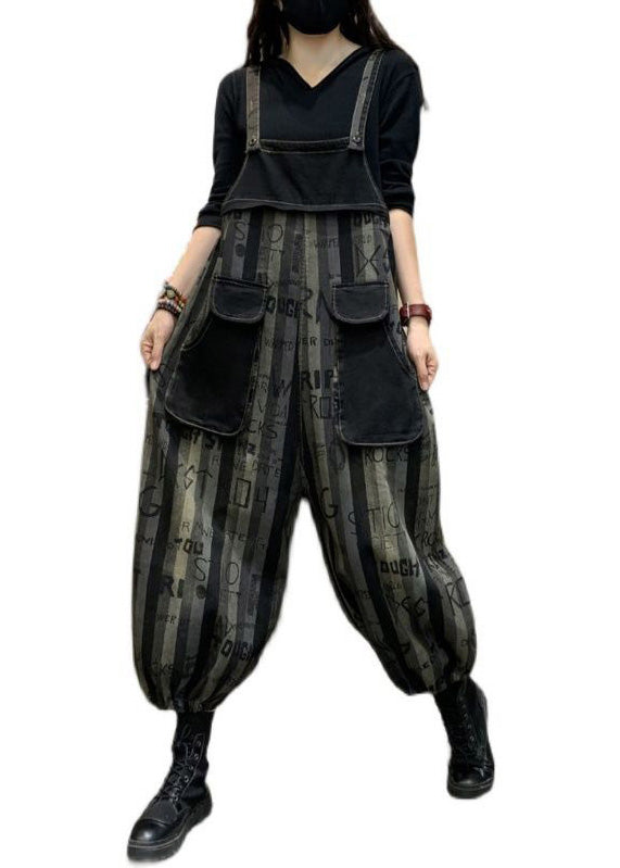 Black Graphic Print Striped Button Denim Jumpsuits Spring