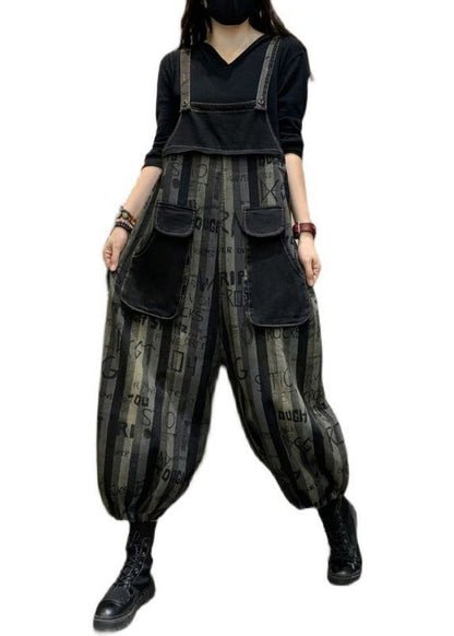 Black Graphic Print Striped Button Denim Jumpsuits Spring