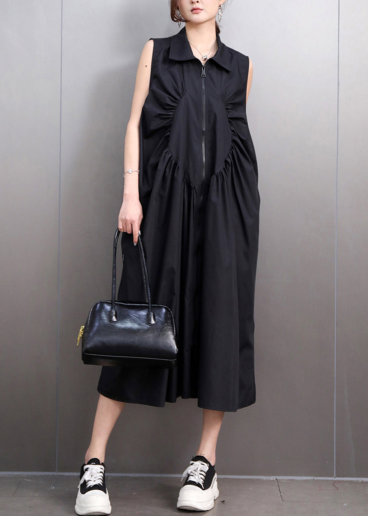 Black Patchwork Wrinkled Maxi Dresses Summer