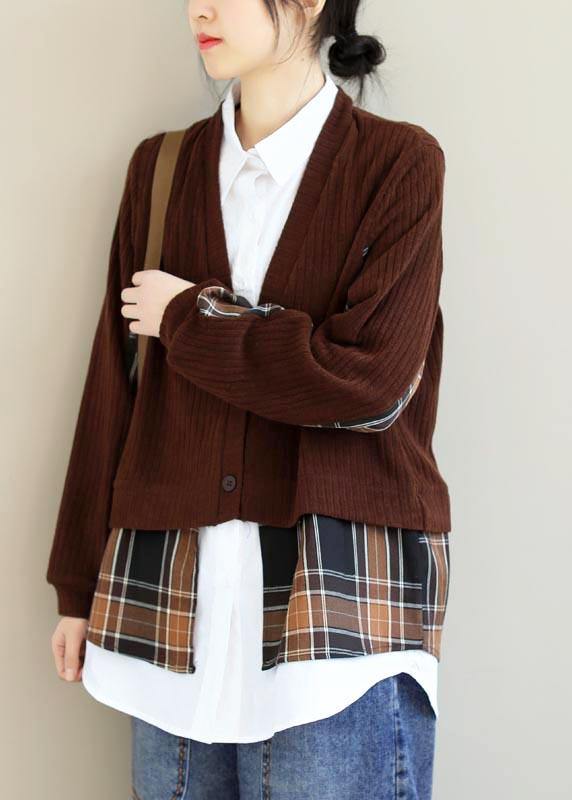 Chocolate Patchwork Top Lapel False Two Pieces Tunic Blouses