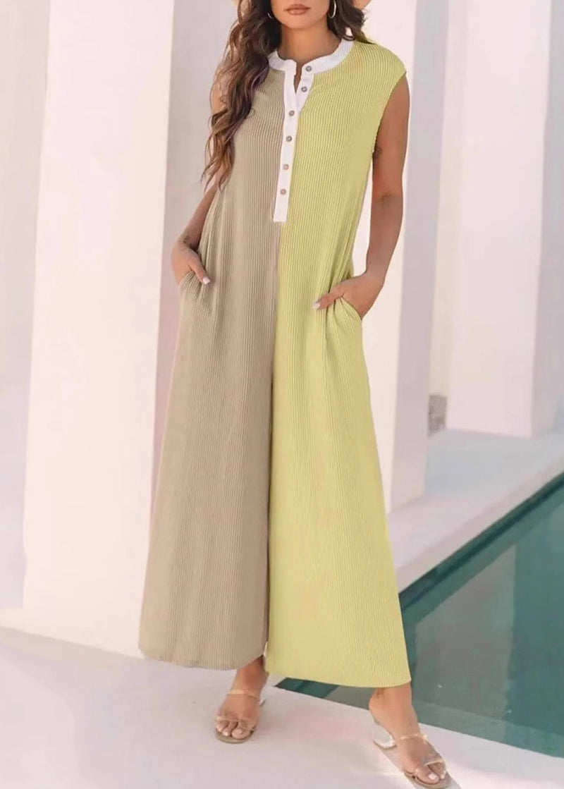 Pink Pockets Patchwork Cotton Jumpsuit Sleeveless