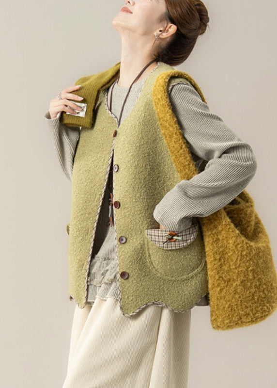 Green Button Faux Fur Waistcoat and Top Two Pieces Set Sleeveless