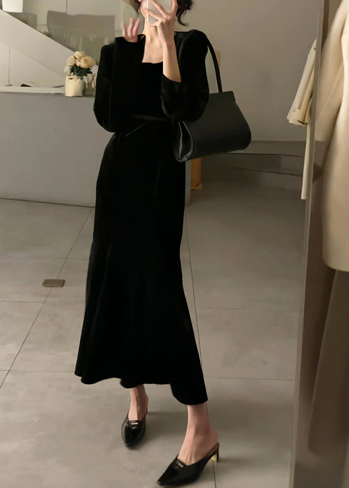 Slim Fit Black Square Collar Silk Velour Long Dresses Long Sleeve