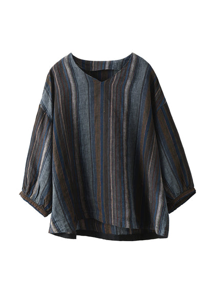 V Neck Striped Loose Linen Shirts Summer