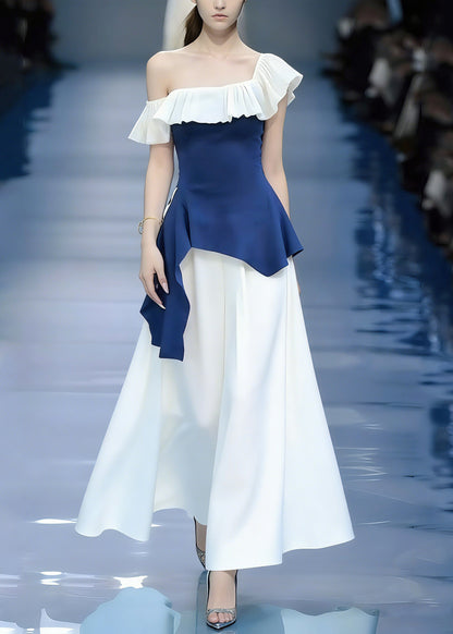 Modern Blue Asymmetrical Patchwork Top and Maxi Skirts Two Pieces Set Short Sleeve