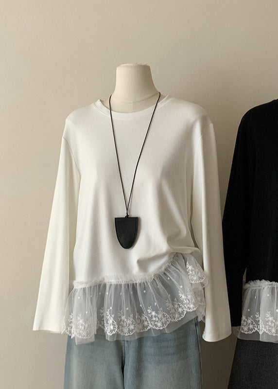 White O Neck Lace Patchwork Cotton T Shirts Top Spring