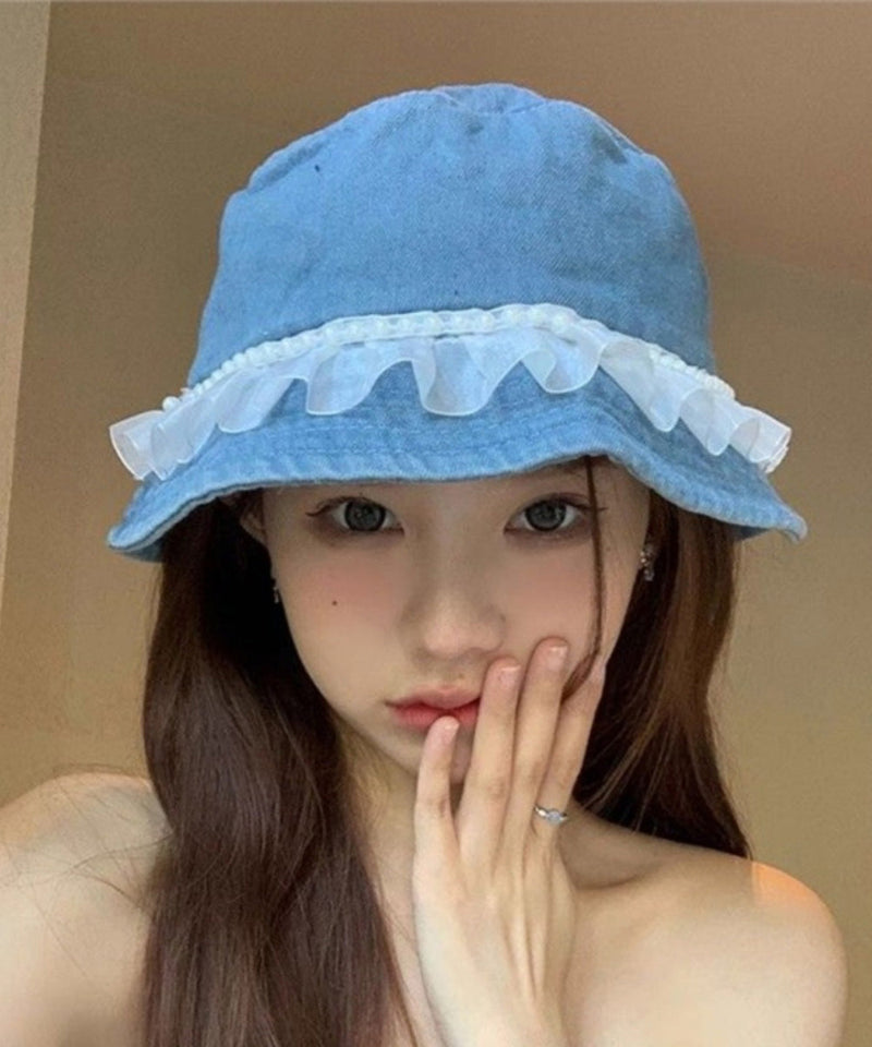 Lace Nail Bead Denim Fisherman Hat Versatile
