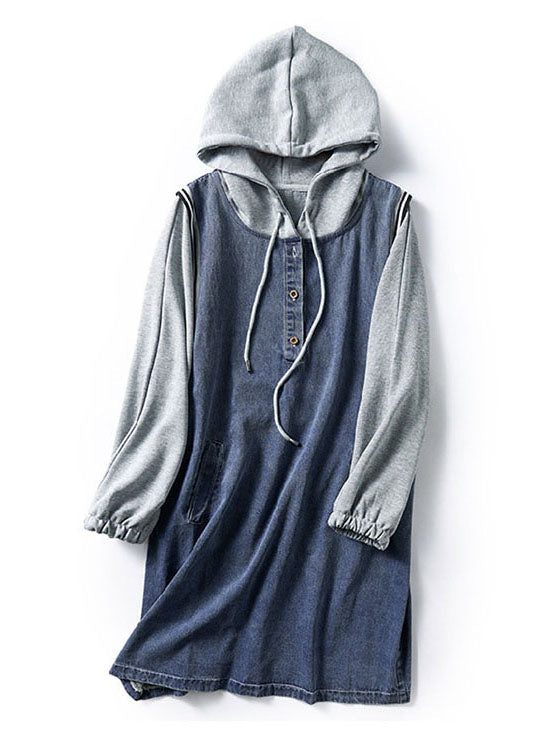 Boutique Blue Hooded Pockets Button Patchwork Fall Long Sleeve Denim Mid Dress