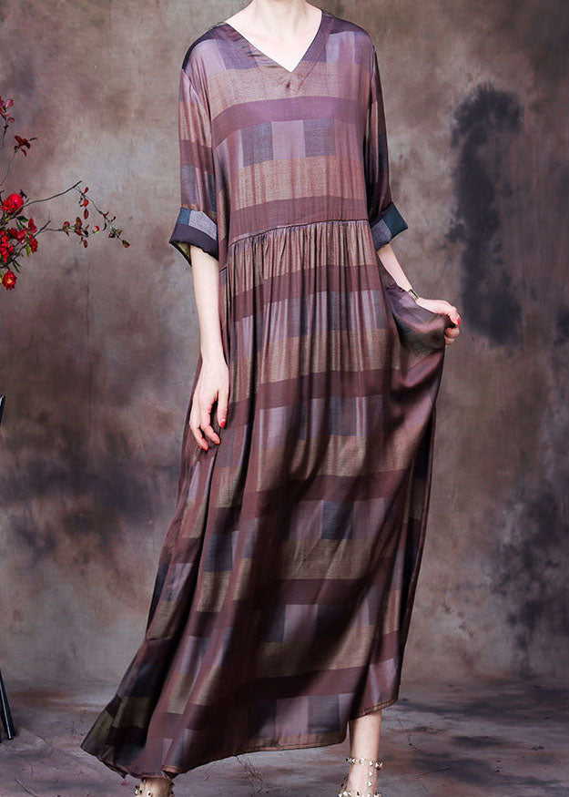 Chocolate V Neck Plaid Wrinkled Long Dresses Long Sleeve
