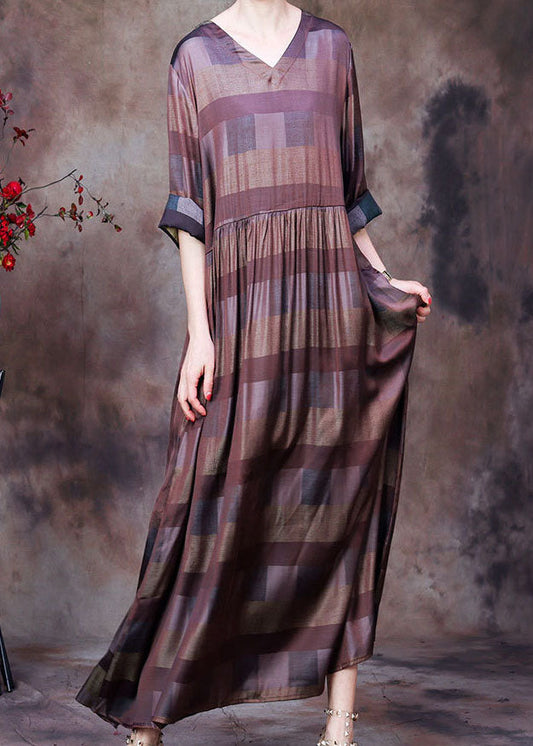 Chocolate V Neck Plaid Wrinkled Long Dresses Long Sleeve