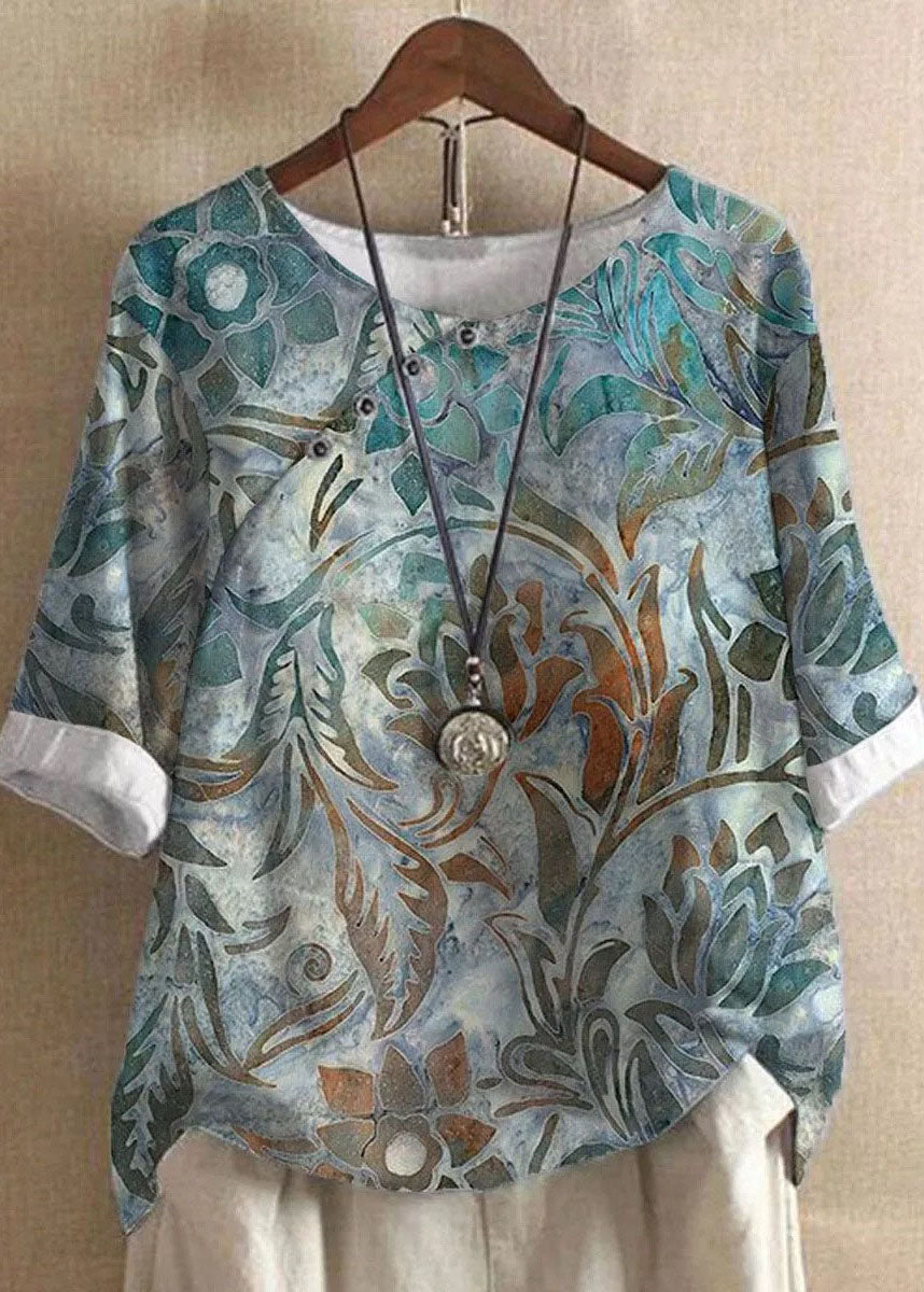 Diy Green O Neck Print Patchwork Cotton T Shirts Tops Summer