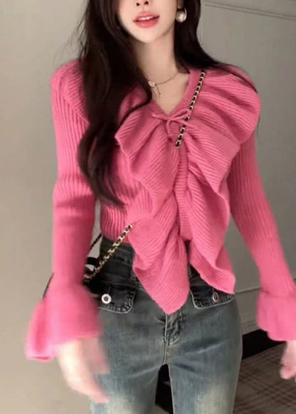 Rose Ruffled Patchwork Cotton Knit Sweaters Spring