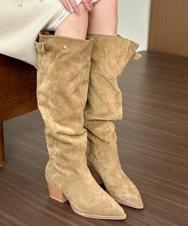 Khaki Chunky Suede Splicing Boots Pointed Toe