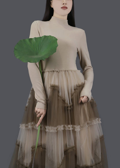 Apricot Ruffled Tulle Patchwork Slim Fit Long Dresses Asymmetrical