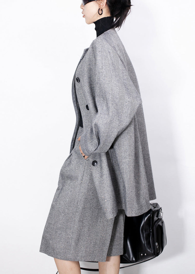 Fine Grey Button Coat and High?waist Crop Pants Woolen Two Pieces Set Fall