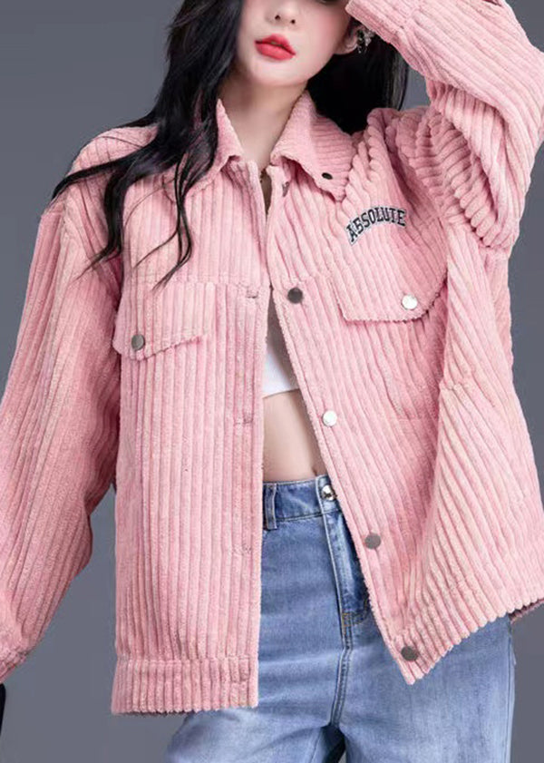 Pink Peter Pan Collar Pockets Loose Corduroy Coat Spring