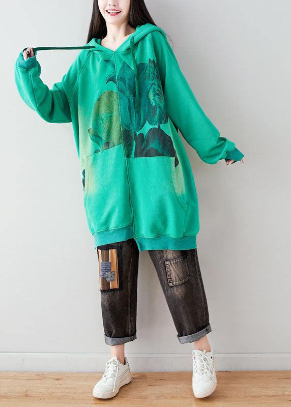 Green Hooded Drawstring Pockets Asymmetrical Design Print Sweatshirt Dresses Spring