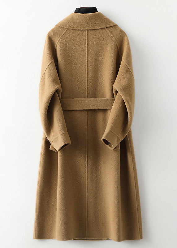 Camel Square Collar Tie Waist Woolen Long Coats Fall
