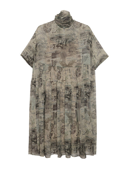 Italian Green Khaki O Neck Print Patchwork Silk Dress Summer