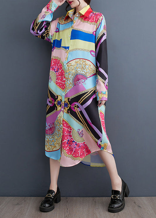 Peter Pan Collar Print Button Long Shirts Dress Spring