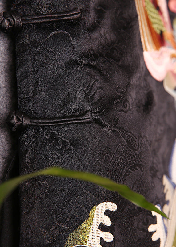 Fitted Black Stand Collar Embroideried Button Waistcoat Fall