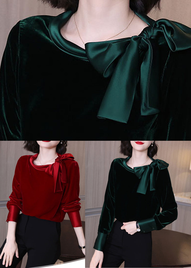 Art Red O-neck Velour Tops Long Sleeve