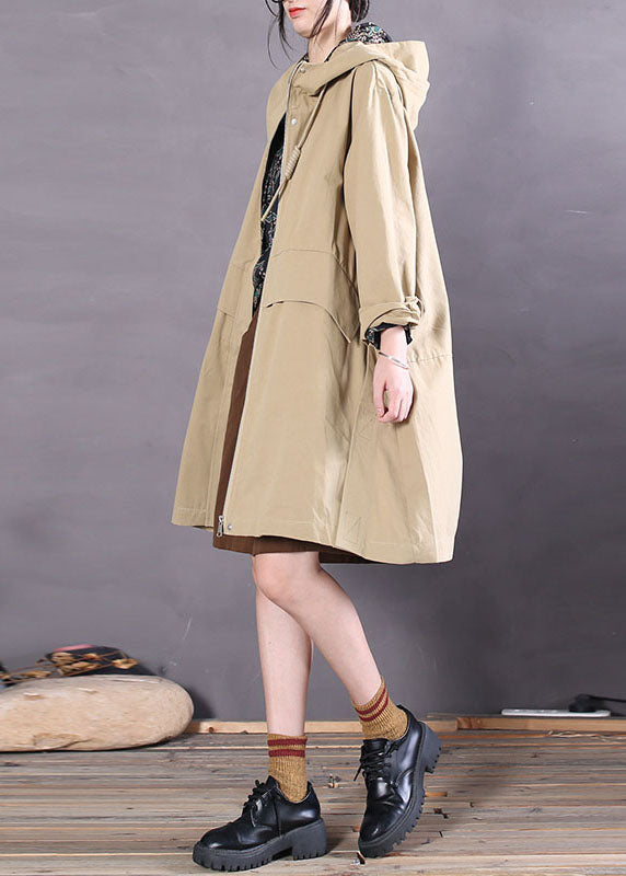 Khaki Zip Up Pockets Cotton Trench Coats Spring