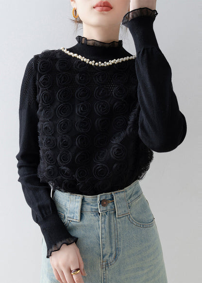 Black Decorated Knit Shirt Top Stand Collar Spring