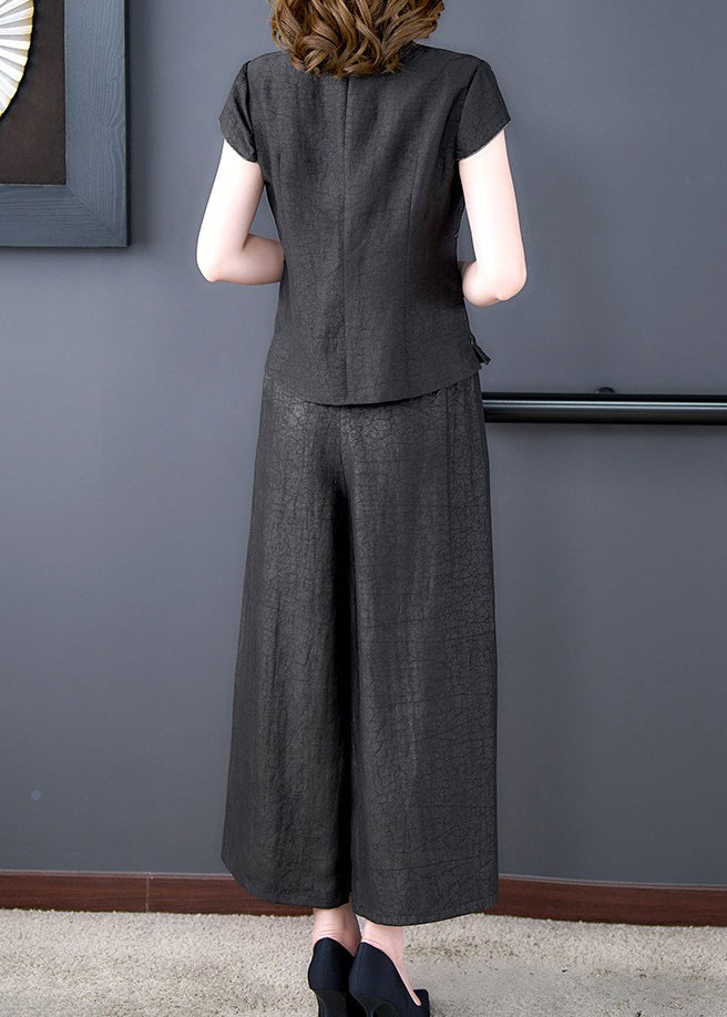 Boutique Black Print Tops and Pants Silk Two Pieces Set Spring