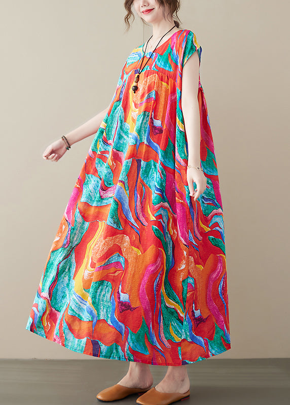Red O-neck Patchwork Print Linen Beach Long Dresses Short Sleeve