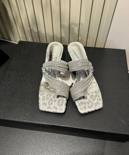 Silver Zircon Square Toe High-heeled Set Toe Slippers