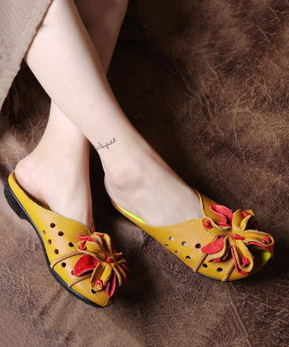 Yellow Flower Hollow Out Cowhide Leather Flip Flops