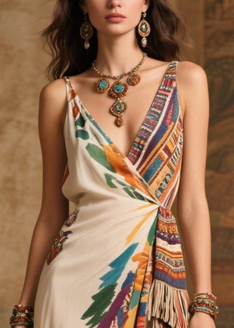 Tasseled Print Side Open Chiffon Holiday Dress Summer