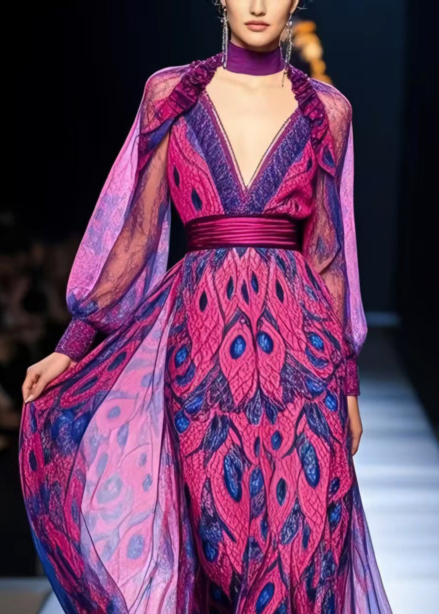 Purple Cinched Print Chiffon Party Dresses Spring
