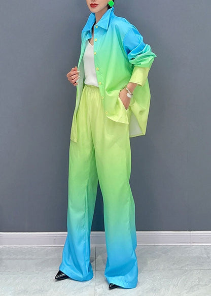 Gradient Color Yellow Peter Pan Collar Button Shirts and Pants Two Piece Set Fall