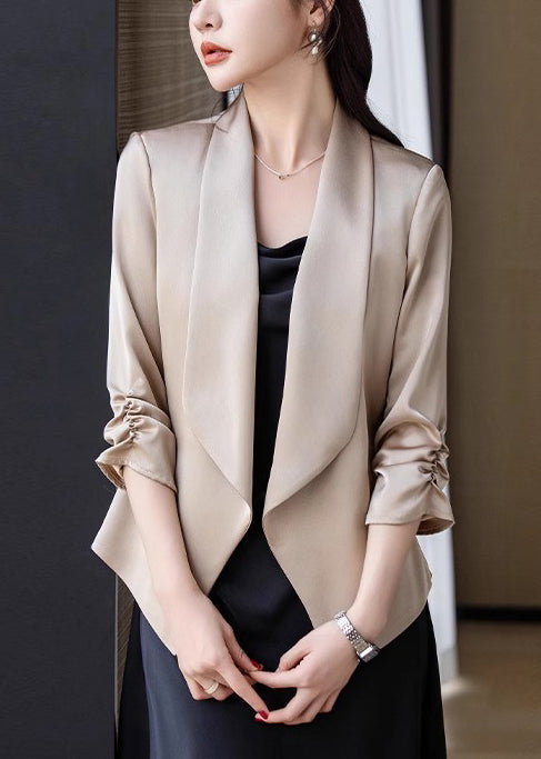 Champagne Peter Pan Collar Wrinkled Satin Coats Spring