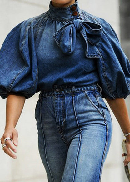 Loose Blue Stand Collar Lace Up Denim Shirt Lantern Sleeve Summer