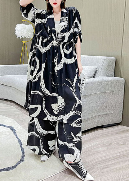 Handmade Black V Neck Cinched Print Silk Tops Wide Leg Pants Two Piece Set Outfits Spring