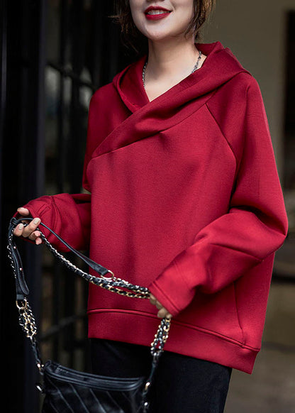 Red Asymmetrical Hooded Color Cotton Sweatshirts Top Fall