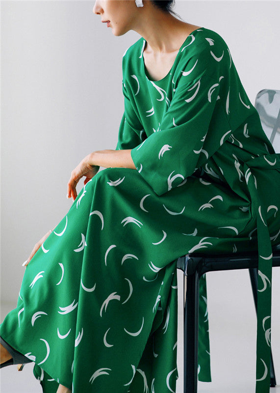 Organic Green O-neck Print Silk Maxi Dress Long Sleeve