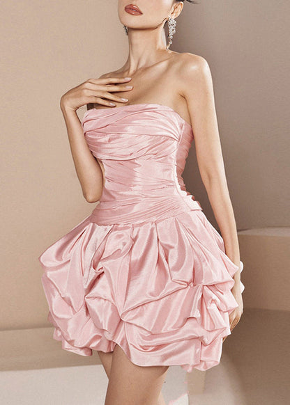 Pink Wrinkled Cold Shoulder Silk Mid Dress Sleeveless