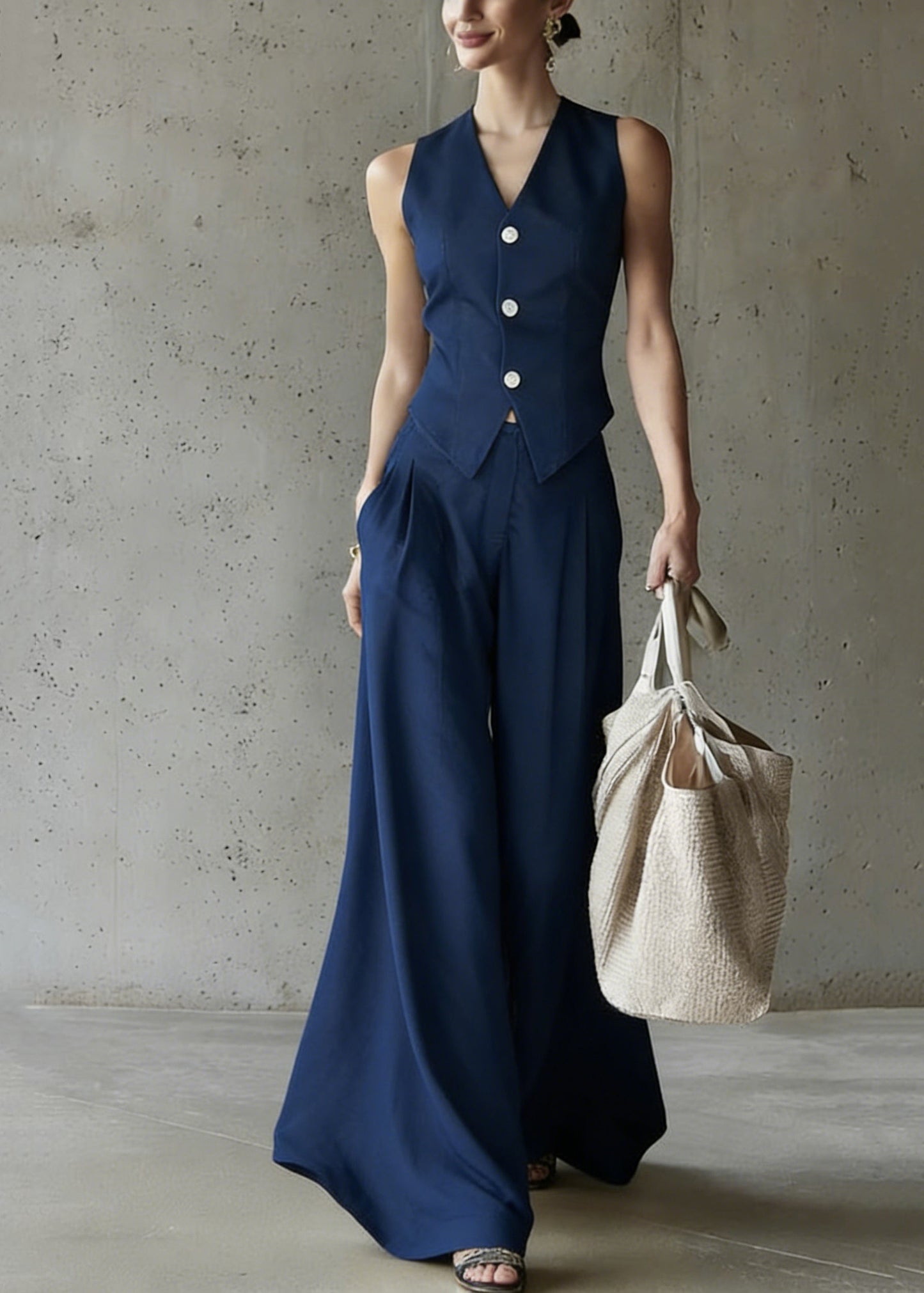 Modern Blue V Neck Button Waistcoat and Wide Leg Pants Two Pieces Set Sleeveless