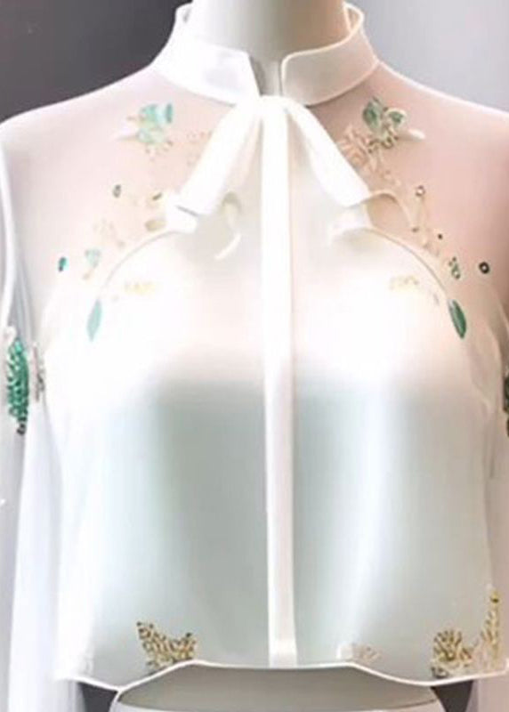 Chinese Style White Stand Collar Embroidered Chiffon Flare Sleeve Fall