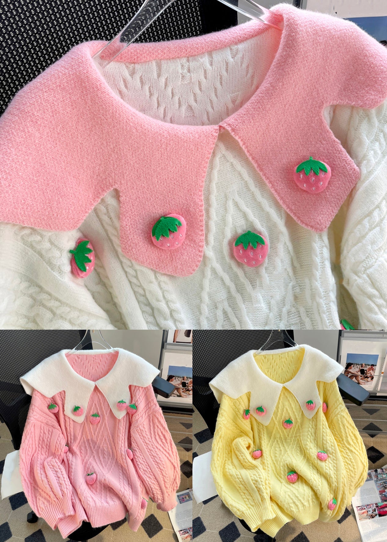 Pink Strawberry Patchwork Cozy Knit Tops Winter
